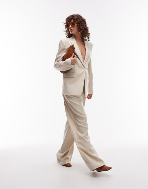 Mango - Pantaloni dritti classici effetto lino rosa pallido in coordinato, 4 di 5