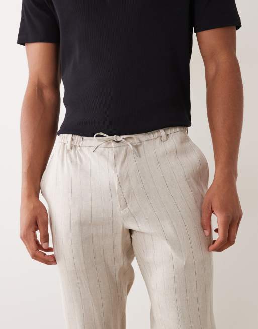 Mango - Pantaloni dritti in misto lino écru gessati con vita elasticizzata, 4 di 5