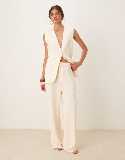 Mango - Pantaloni dritti leggeri color latticello con pieghe sul davanti in coordinato 
