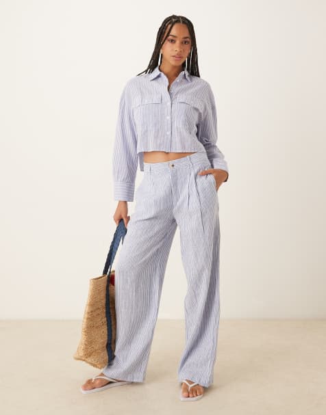 Mango - Pantaloni in misto lino azzurri a righe con vita elasticizzata in coordinato - view 1