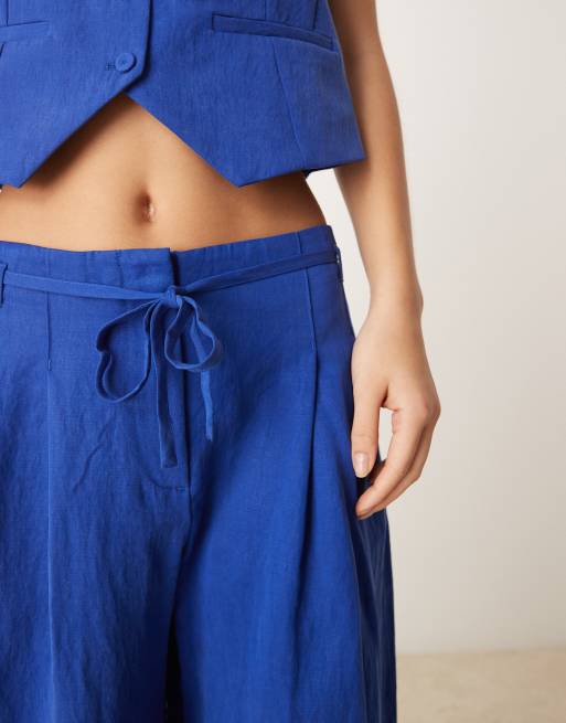 Mango - Pantaloni leggeri dritti allacciati in vita blu in coordinato, 4 di 5