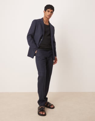 Mango - Pantaloni sartoriali in lino color blu navy in coordinato