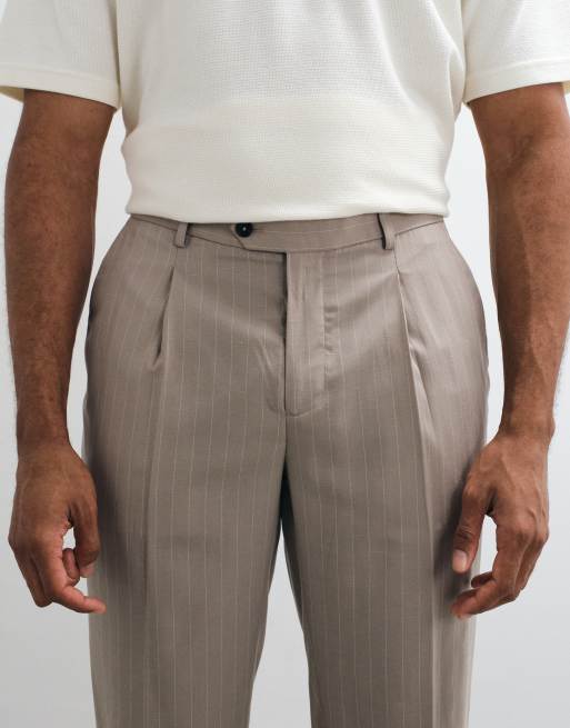 Mango pantaloni sartoriali in misto lino a righe sottili marrone medio, 4 di 5