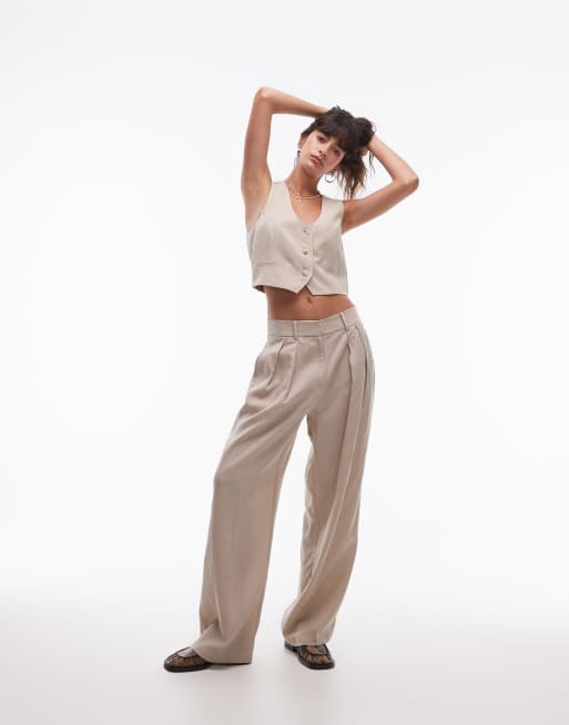 Mango - Pantaloni sartoriali taglio lungo larghi beige chiaro in coordinato