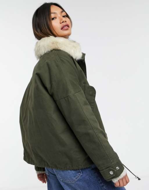 Mango parka coat with faux fur collar in khaki