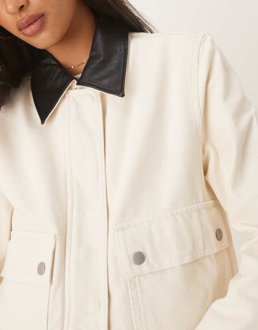 Mango - Parka taglio corto beige chiaro in 100% cotone con colletto a contrasto, 2 di 4