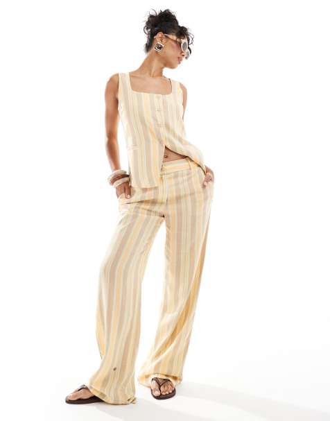 Mango pastel stripe straight leg trousers co-ord in yellow - view 1