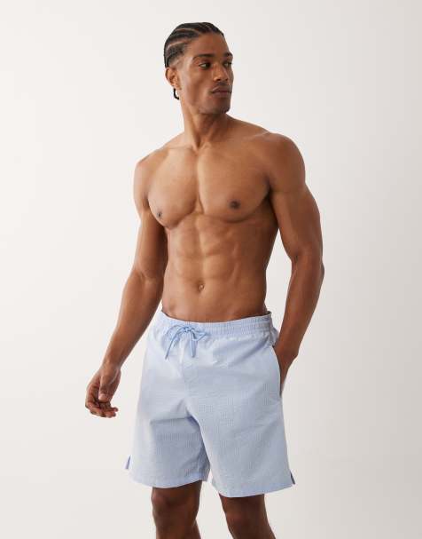 Mango - Pastelblå badeshorts i seersucker med boksersnit - view 1