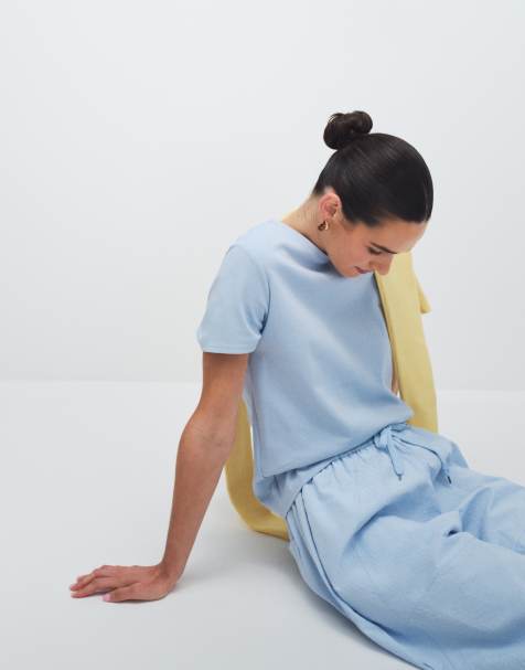 Mango - Pastelblå T-shirt med rund hals i 100% bomuld - view 1