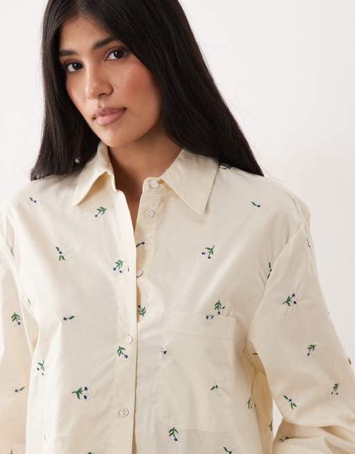 Mango - Pastelgul cropped klassisk skjorte med blomstermønster, 3 af 4