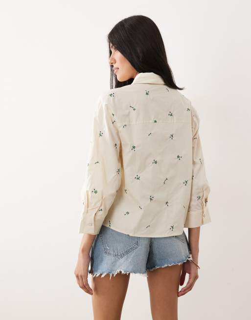 Mango – Pastellgul, klassisk skjorta i kort modell med blommönster, 4 av 4