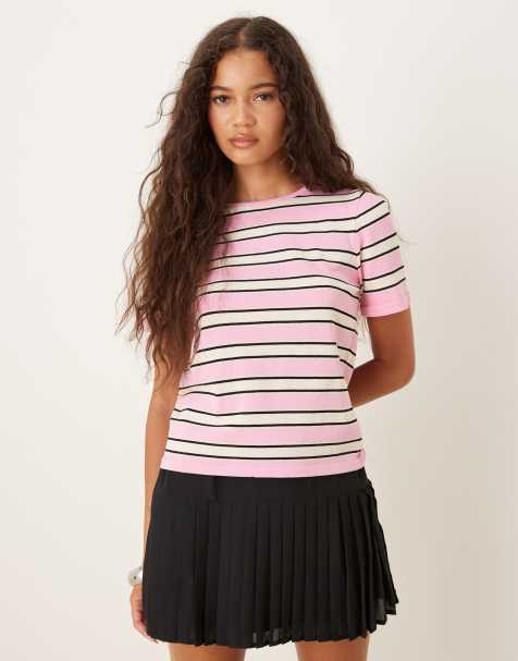 Mango - Pastellyserød top med rund hals og striber i slim fit - view 1