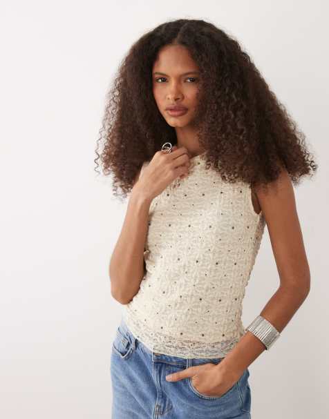 Mango - Pati - Mouwloze top met studs in crème - view 1