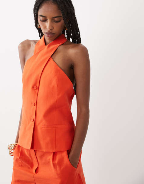 Mango – Peach – Pomarańczowa kamizelka ze skręconym dekoltem typu halter, część zestawu - view 1
