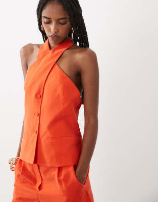 Mango Peach Twist Halterneck Vest In Orange