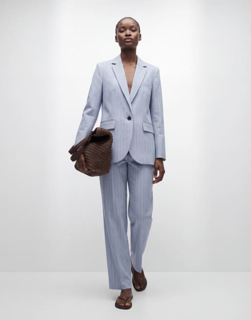 Mango - Pedro - Elegante gestreepte broek met rechte pijpen in lichtblauw, deel van co-ord set, 10 van 12