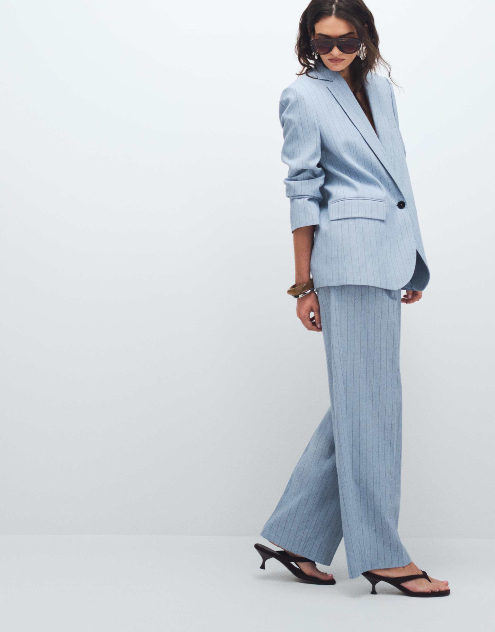 mango pedro tailored straight leg pants in pale blue stripes - part of a set