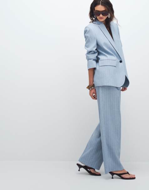 Mango Pedro tailored straight trouser co-ord in pale blue stripe - view 1