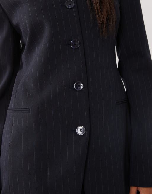 Mango Pencil collarless blazer in navy stripe, 4 of 4
