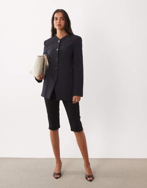 Mango Pencil collarless blazer in navy striped print - view 1