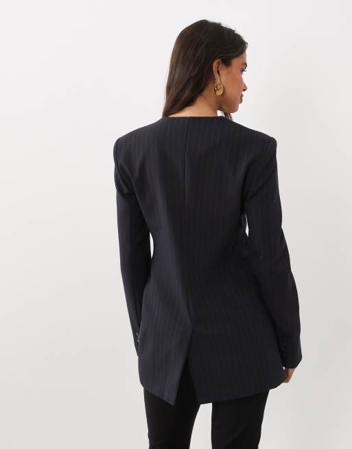 Mango Pencil collarless blazer in navy striped print, 2 of 4