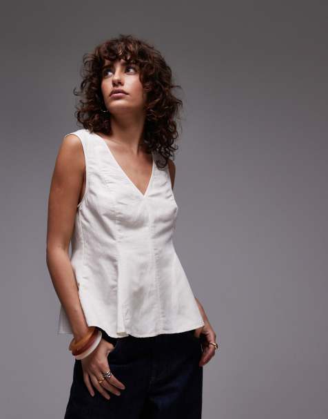 Mango - Peplum top met V-hals van linnenmix in wit - view 1