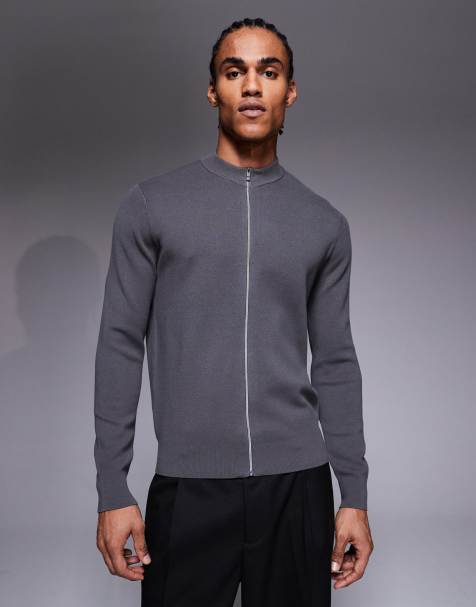 Mango performance comfort stretch zip through knitted sweater in charcoal - view 1