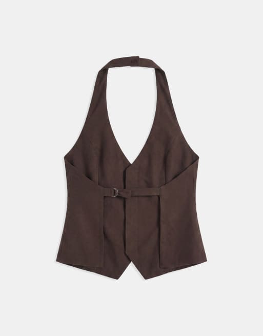 Mango – Petunia – Brun, ärmlös kostymväst med halterneck, del av set, 6 av 8