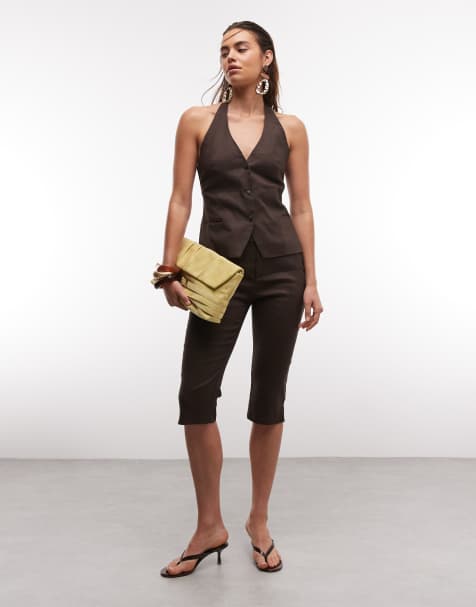 Mango Petunia sleveeless halterneck waistcoat & capri trouser co-ord in brown - view 1
