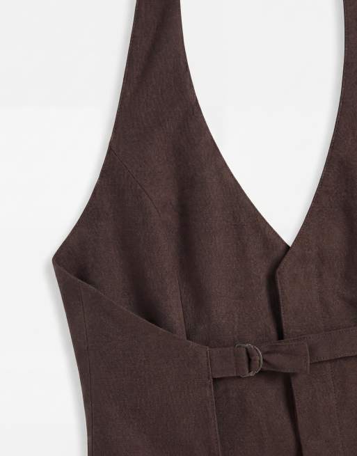 Mango Petunia sleveeless halterneck waistcoat co-ord in brown, 8 of 8