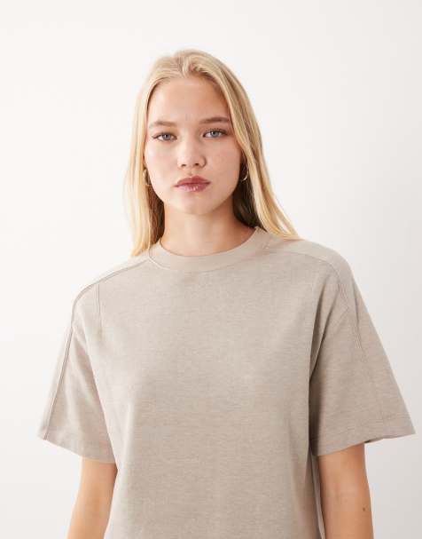 Mango Pico cotton mix t-shirt co-ord in beige - view 1