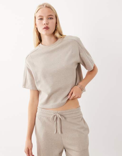 Mango Pico cotton mix t-shirt co-ord in beige, 2 of 4