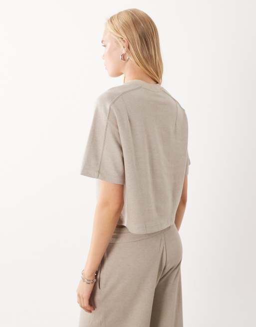 Mango Pico cotton mix t-shirt co-ord in beige, 4 of 4