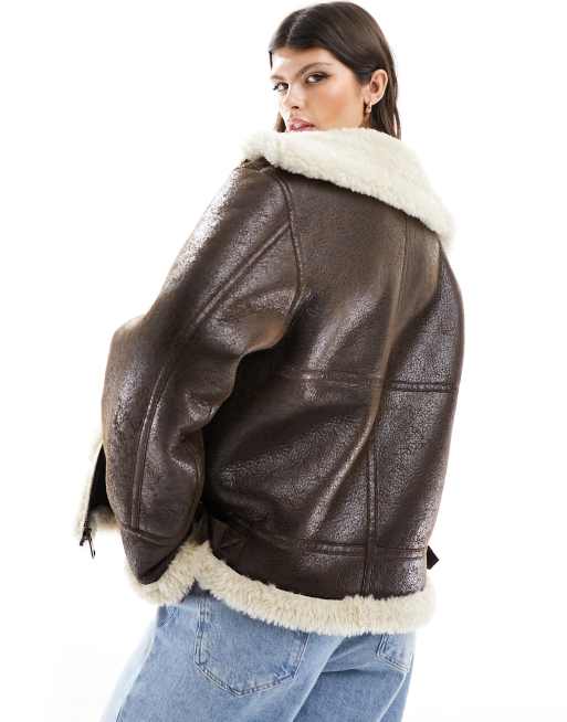 Mango – Pilotenjacke in Dunkelbraun mit Lammfell-Detail ASOS