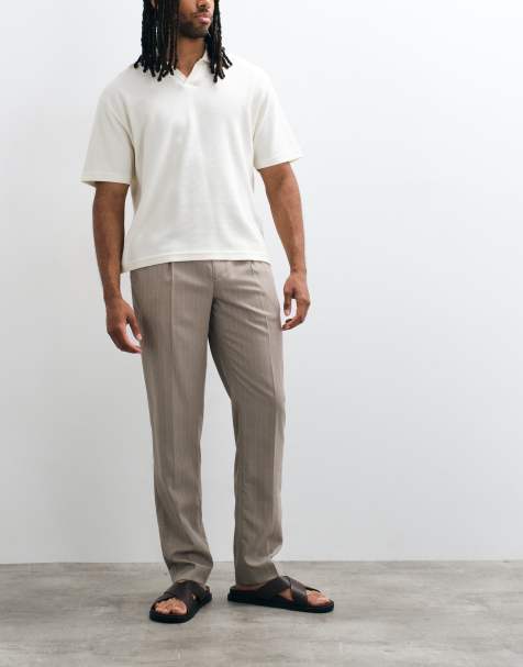 Mango pin stripe linen blend tailored pants in mid brown - view 1