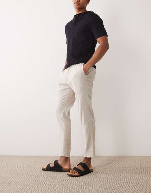 Mango pin stripe linen mix straight leg trousers elasticated waist in ecru, 3 of 5