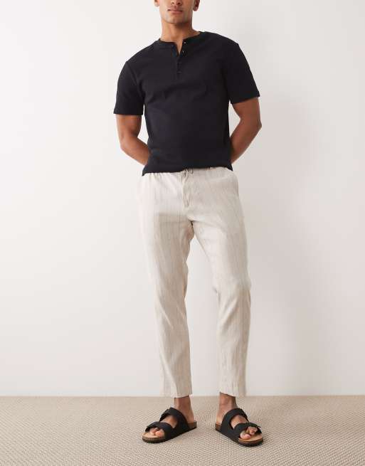 Mango pin stripe linen mix straight leg trousers elasticated waist in ecru, 5 of 5