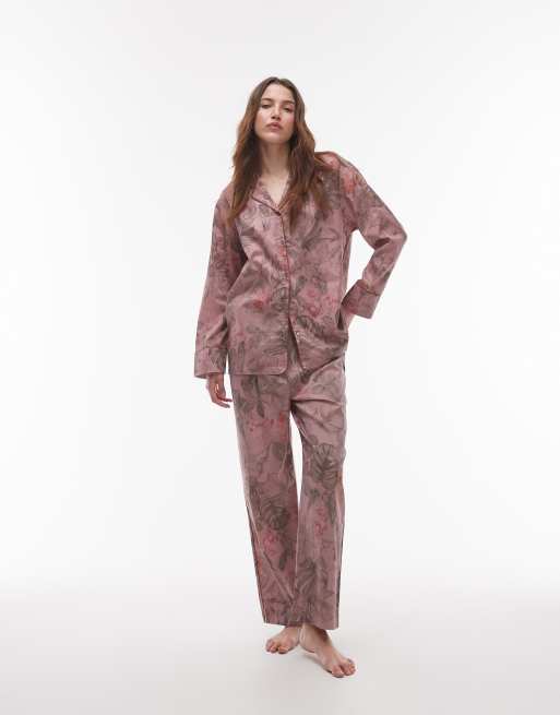 Mango - Pink pyjamasbukser med vide ben og botanisk print i satin - Del af sæt 