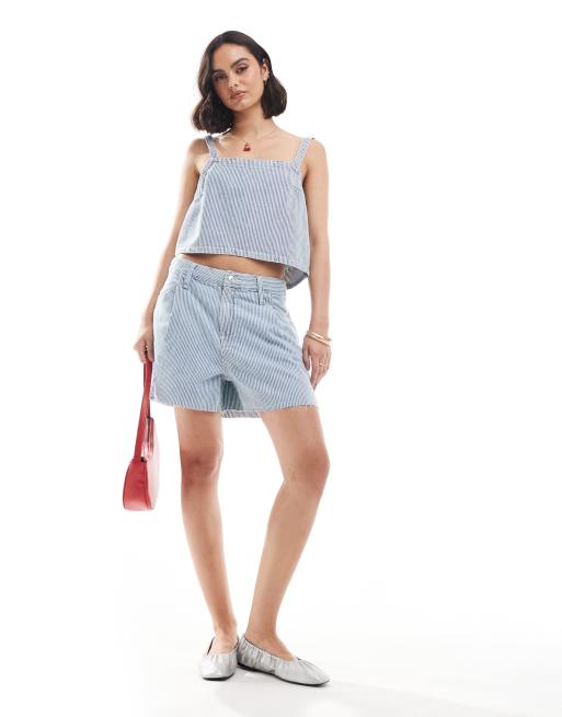 Mango pinstripe denim cami top and shorts set in light blue