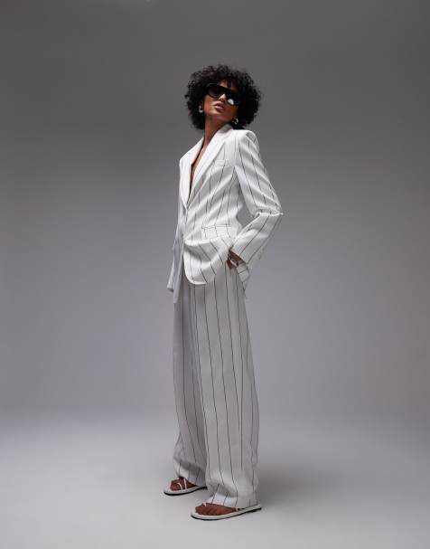 Mango pinstripe tailored trouser co-ord in white - view 1