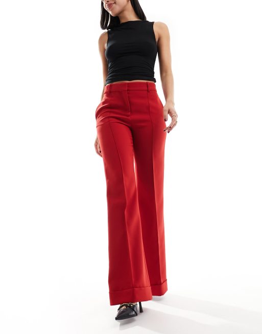 Mango pintuck tailored flare pants in red ASOS