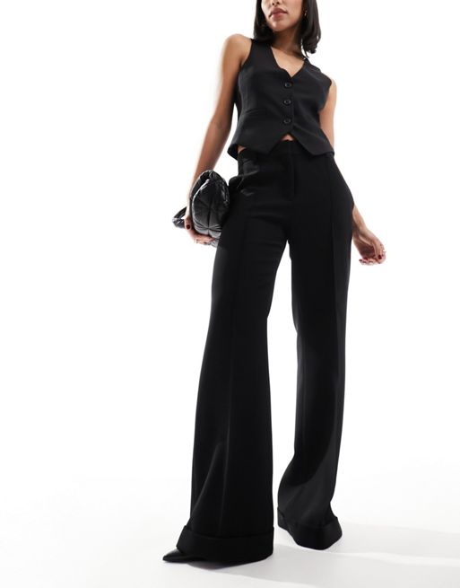 Mango pintuck tailored flare trouser in black