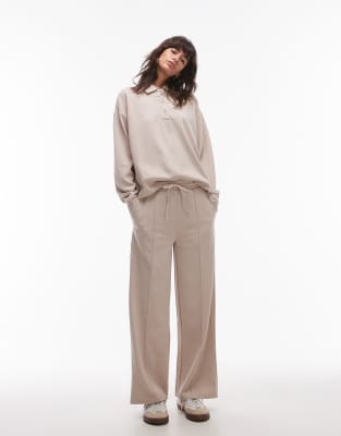 pique tie front pants in beige - part of a set-Neutral