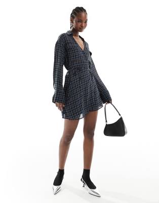 Mango plaid shirt mini dress in blue | ASOS