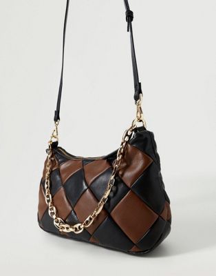 Mango plait shoulder bag in brown and black with chain detail