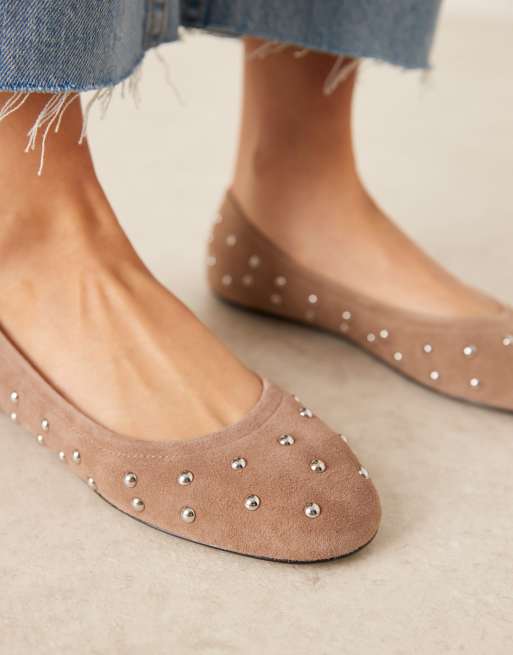 Mango - Platte schoenen met studs van suède in caramel, 2 van 4