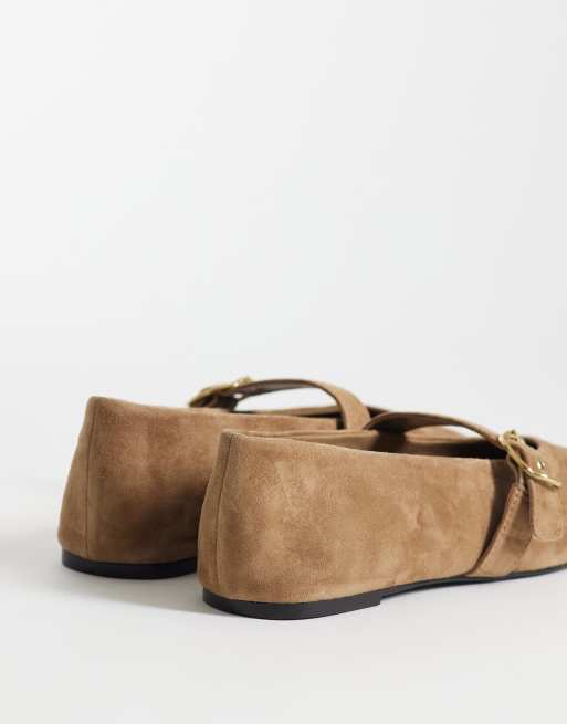 Mango - Platte schoenen van 100% suède met gespdetail in beige, 3 van 4