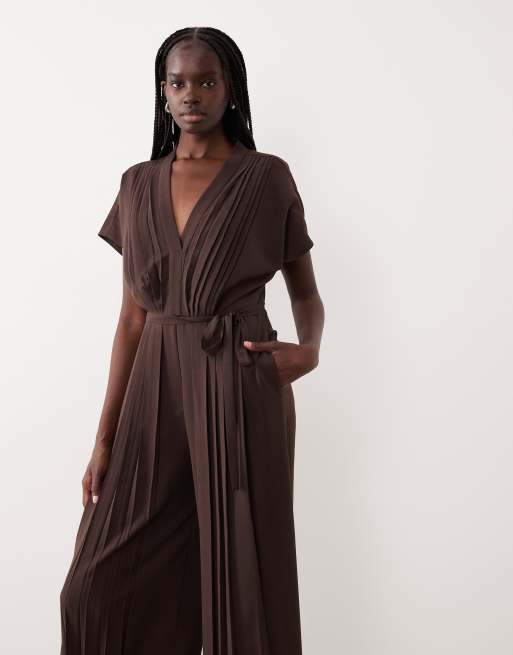 Mango pleat detail short sleeve jumpsuit in chocolate, 4 of 4