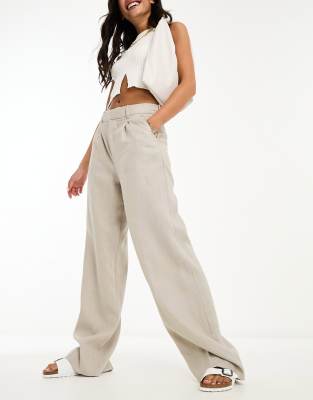 Mango Pleat Front Linen Pants In Stone-neutral