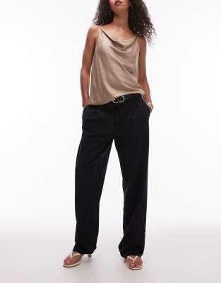 pleat front straight leg pants in navy